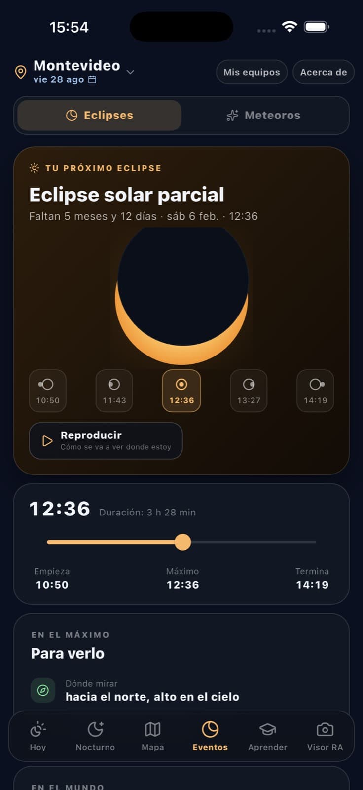 Pantalla de eclipses de FotoNoa con la simulación del eclipse